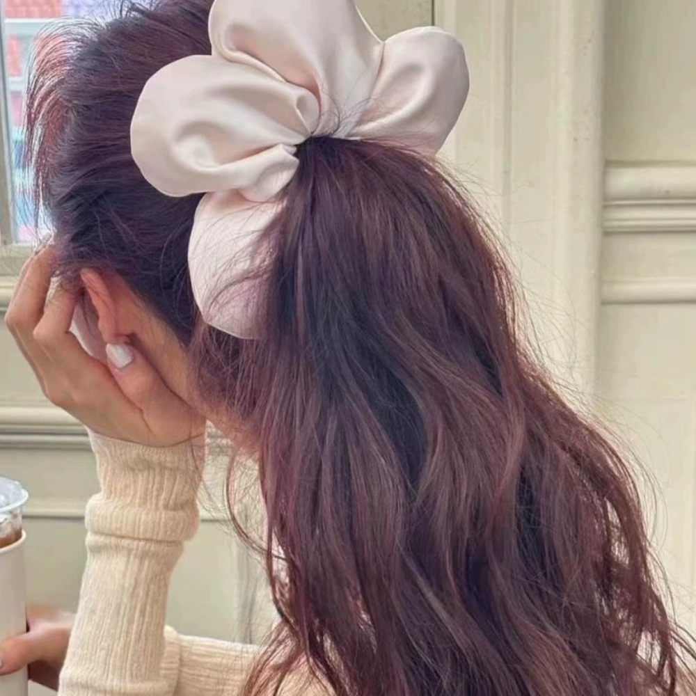 Luxurious Satin Flower Hair Scrunchie – Soft, Elegant & Voluminous Hair Accessory