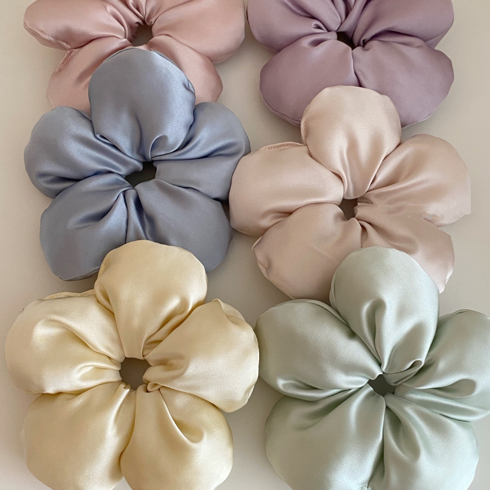 Luxurious Satin Flower Hair Scrunchie – Soft, Elegant & Voluminous Hair Accessory
