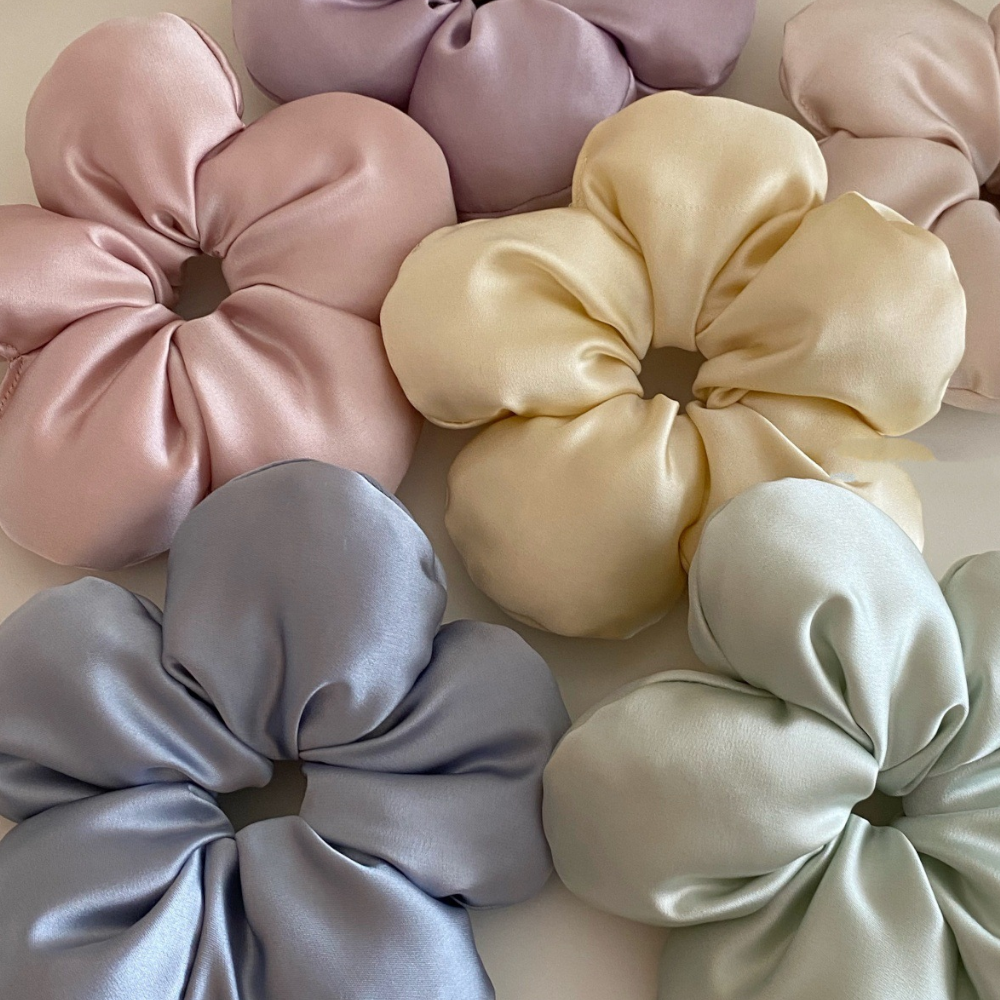 Luxurious Satin Flower Hair Scrunchie – Soft, Elegant & Voluminous Hair Accessory