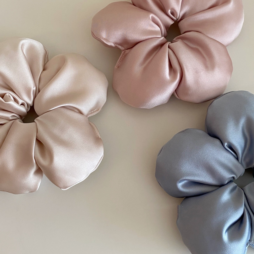 Luxurious Satin Flower Hair Scrunchie – Soft, Elegant & Voluminous Hair Accessory