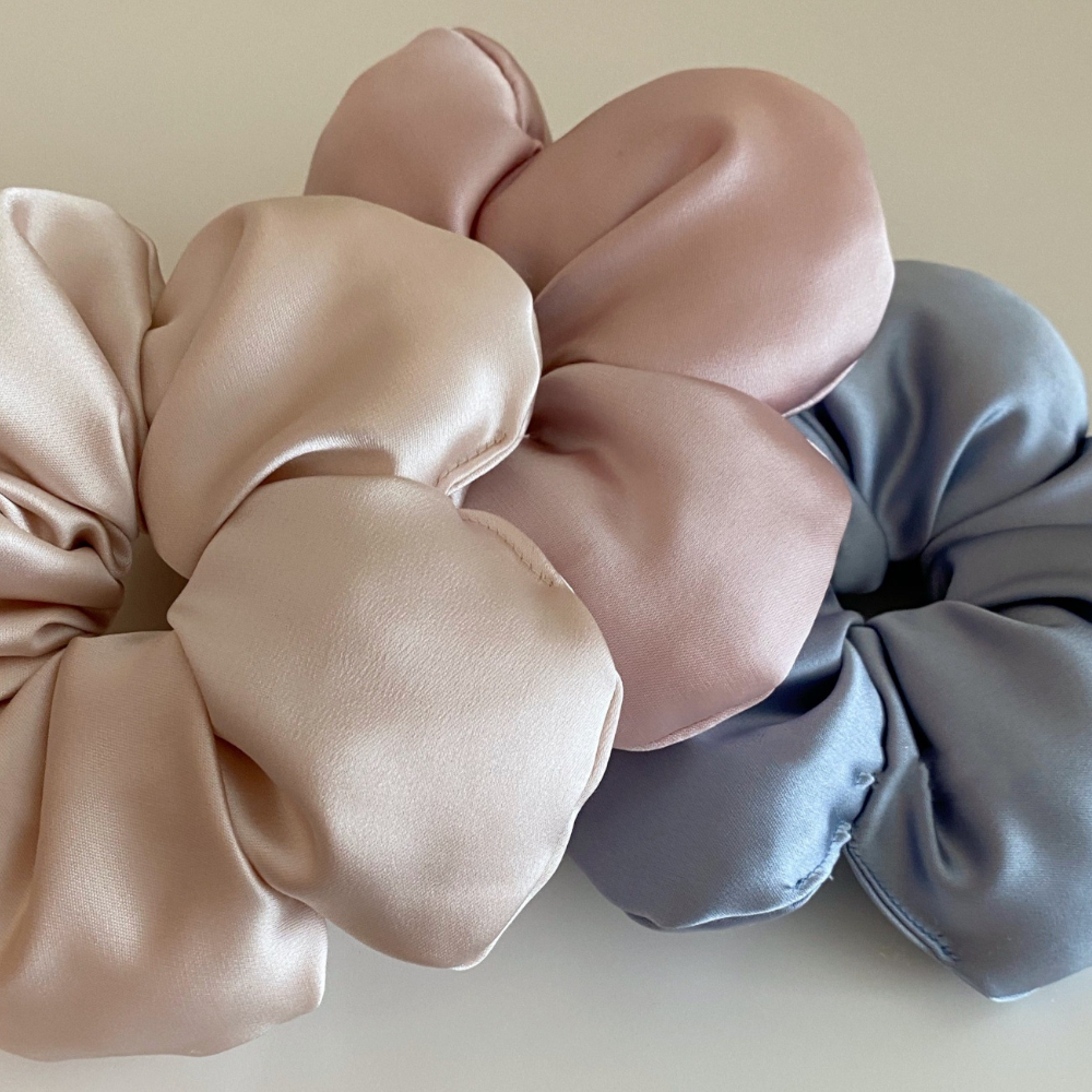 Luxurious Satin Flower Hair Scrunchie – Soft, Elegant & Voluminous Hair Accessory