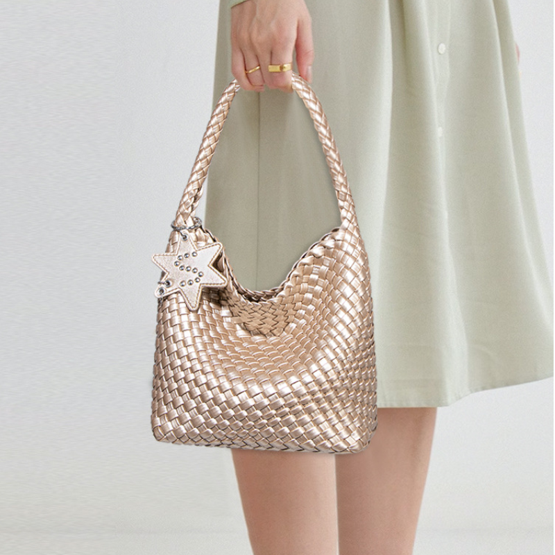 Woven Shoulder Handbag – Trendy Mini Tote with Star Charm