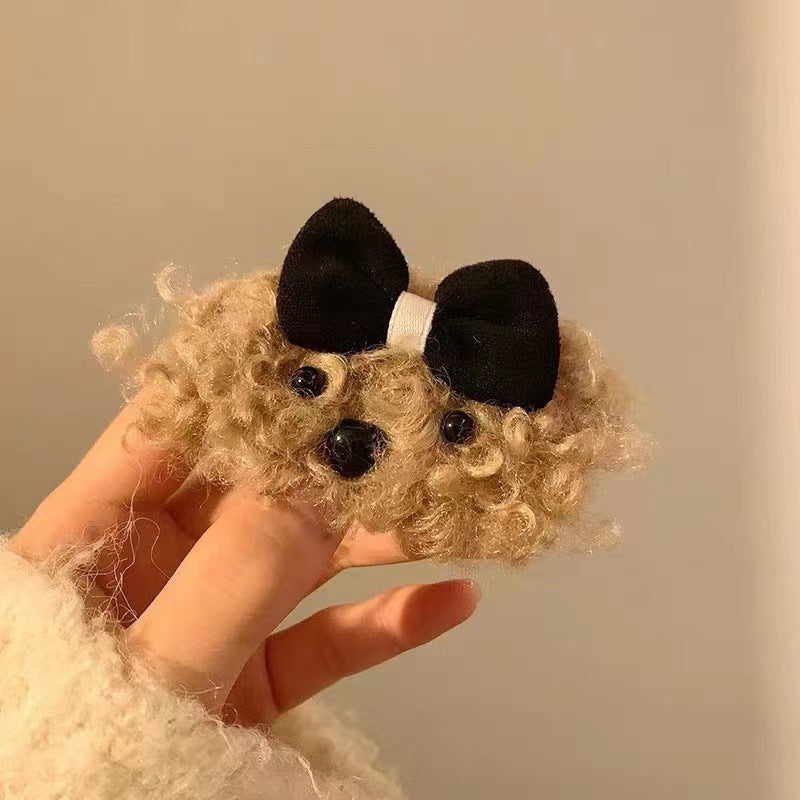 Cute Fluffy Dog Shaped Hair Clip – Winter Bowknot Hair Accessory for Women