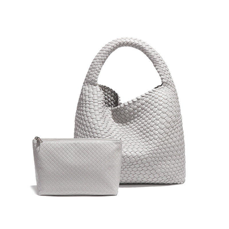 Large Woven Vegan Leather Shoulder Bag – Soft & Stylish 2-in-1 Tote Set for Women