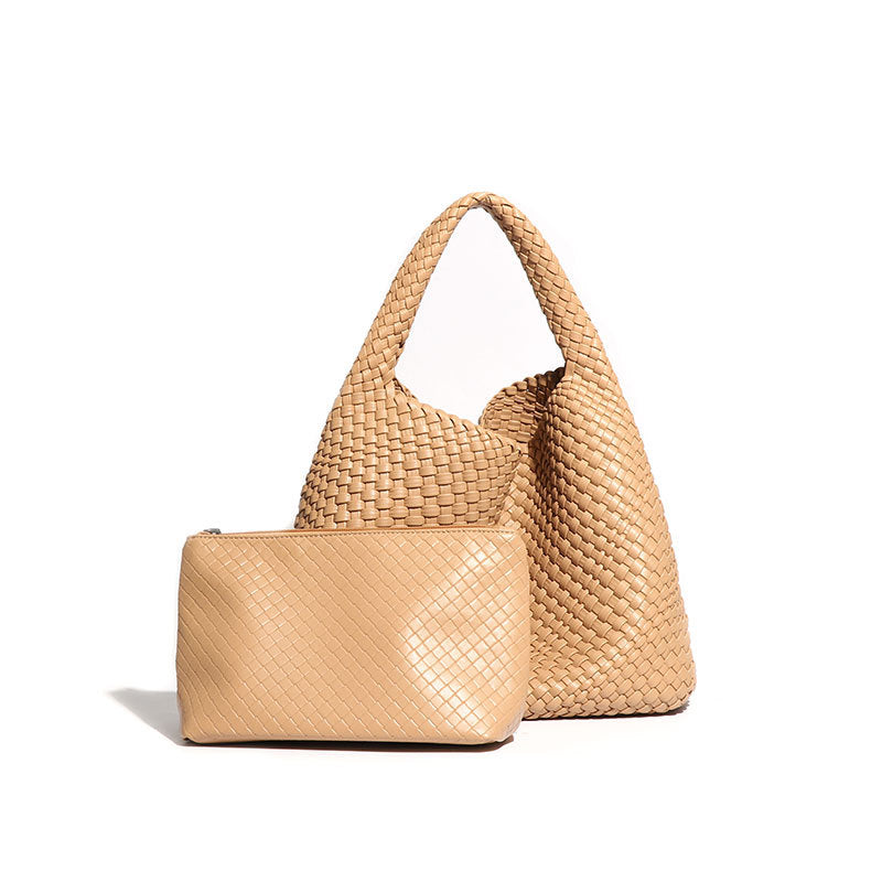 Large Woven Vegan Leather Shoulder Bag – Soft & Stylish 2-in-1 Tote Set for Women