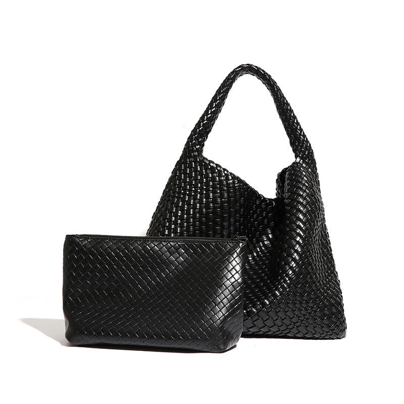 Large Woven Vegan Leather Shoulder Bag – Soft & Stylish 2-in-1 Tote Set for Women