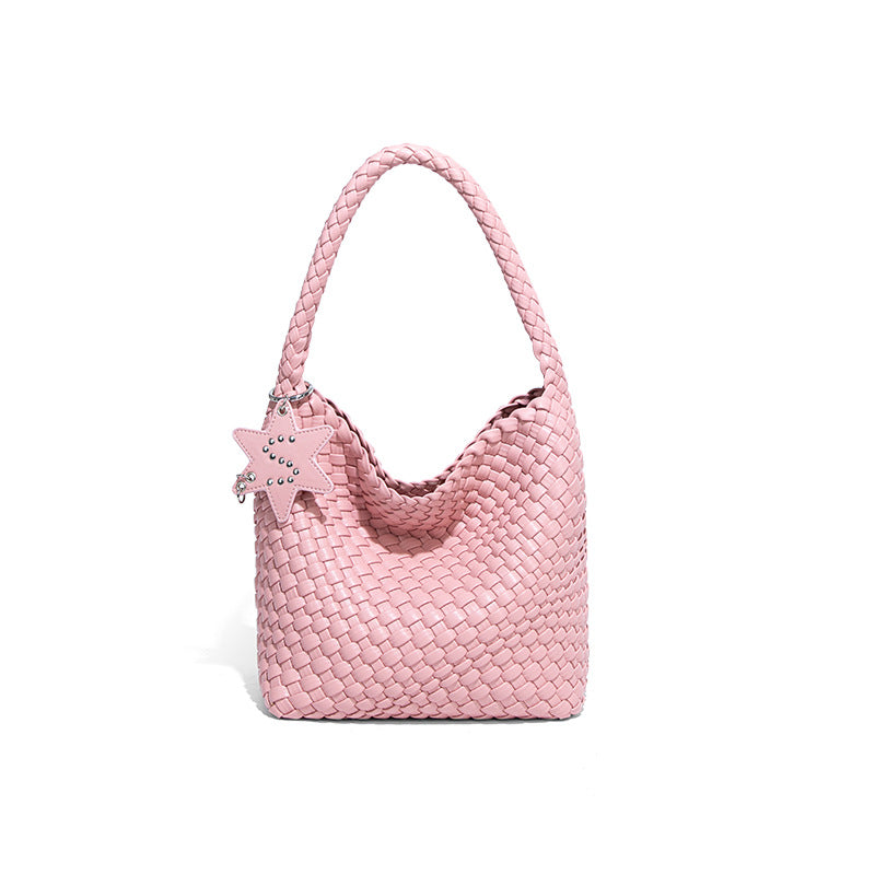 Woven Shoulder Handbag – Trendy Mini Tote with Star Charm