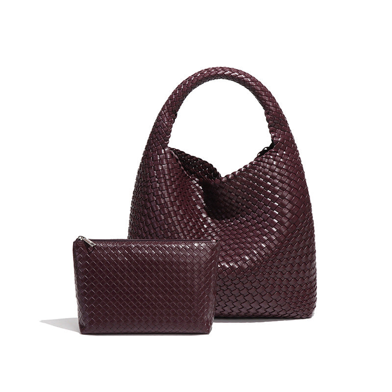 Large Woven Vegan Leather Shoulder Bag – Soft & Stylish 2-in-1 Tote Set for Women