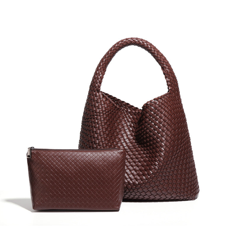 Large Woven Vegan Leather Shoulder Bag – Soft & Stylish 2-in-1 Tote Set for Women