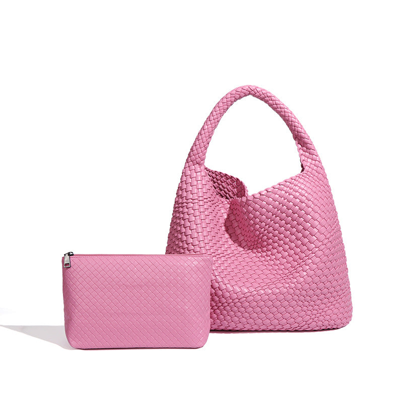 Large Woven Vegan Leather Shoulder Bag – Soft & Stylish 2-in-1 Tote Set for Women
