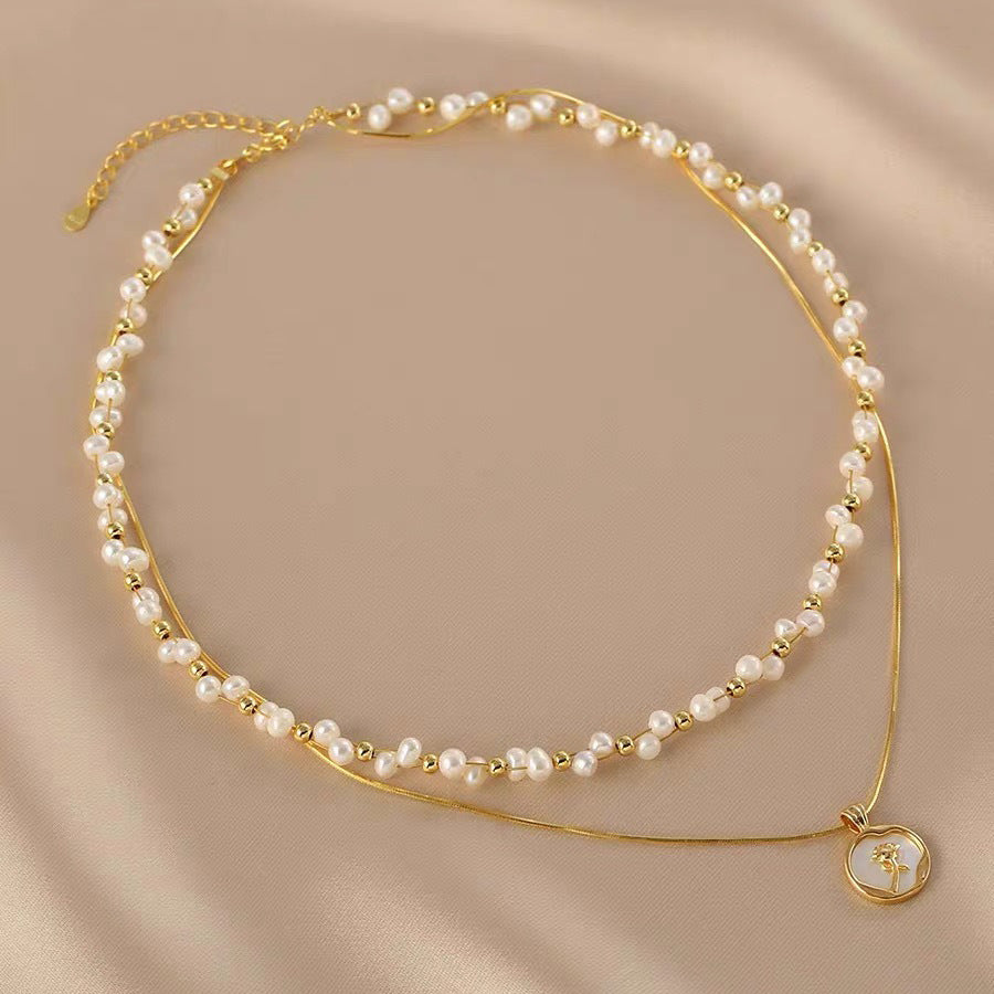 Handmade Layered Pearl & Gold Necklace – Freshwater Beads with Romantic Rose Charm