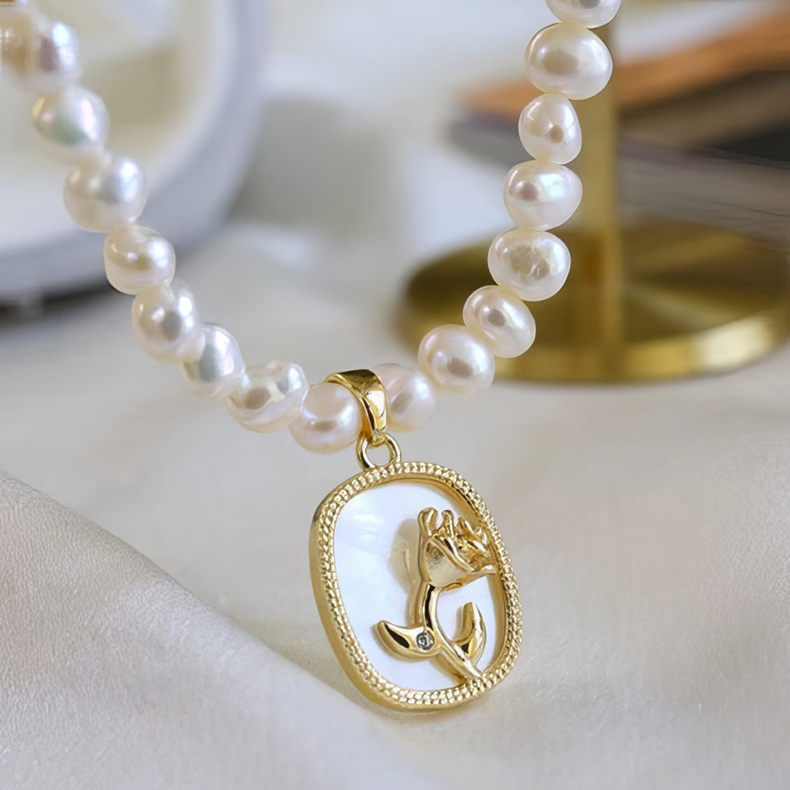 Baroque Freshwater Pearl Necklace with Rose Pendant