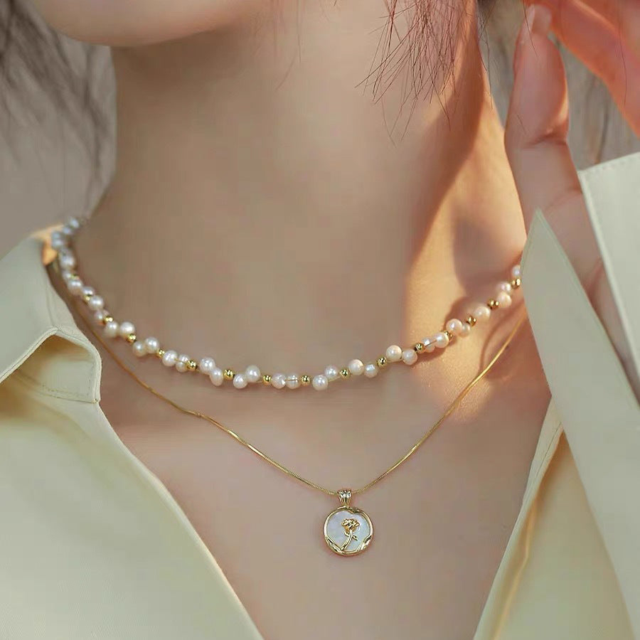 Handmade Layered Pearl & Gold Necklace – Freshwater Beads with Romantic Rose Charm
