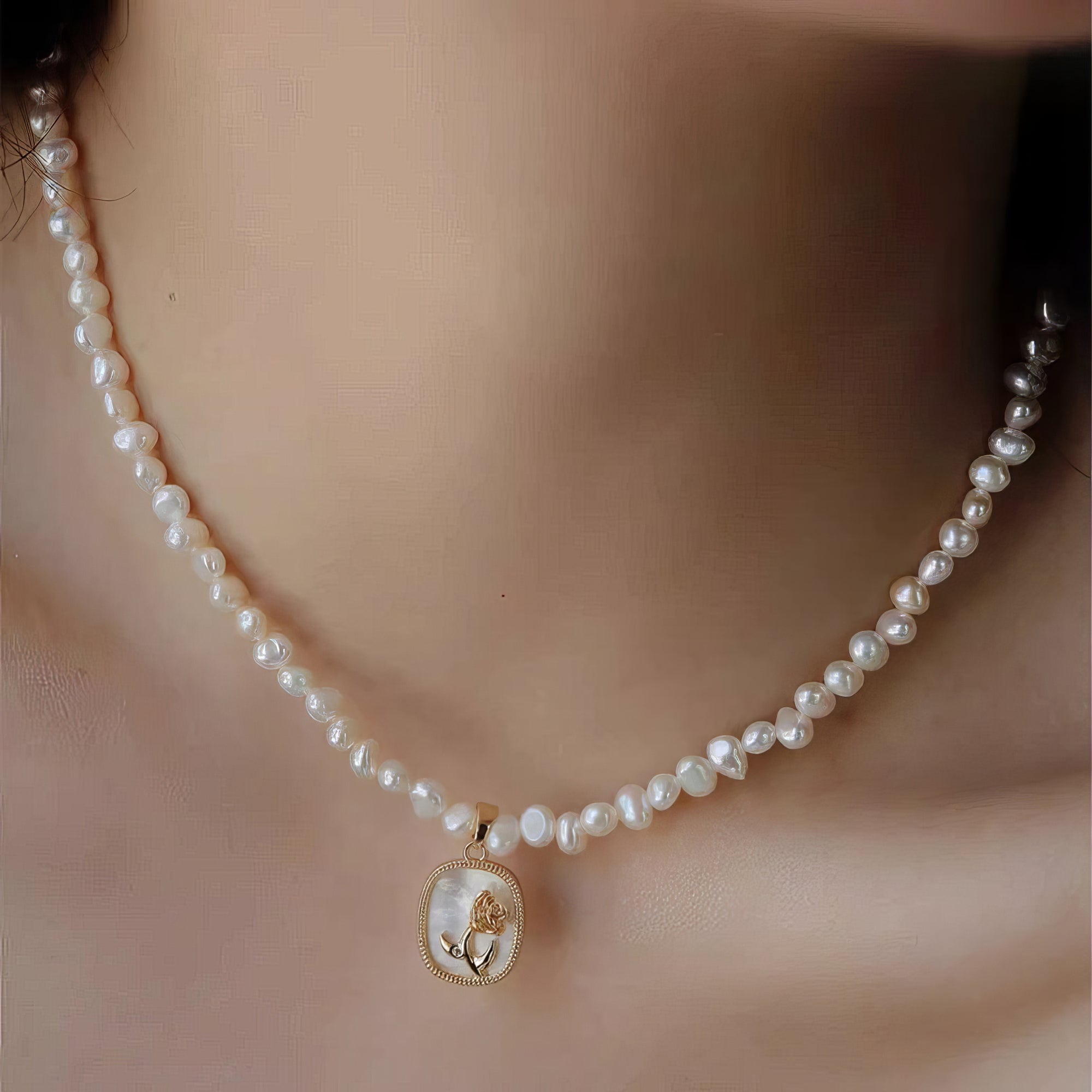 Baroque Freshwater Pearl Necklace with Rose Pendant