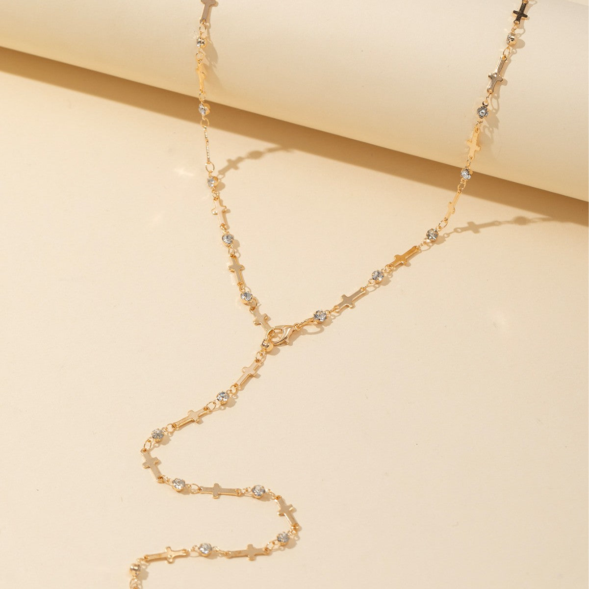 Long Y-Chain Necklace with Cross and Crystal Detail