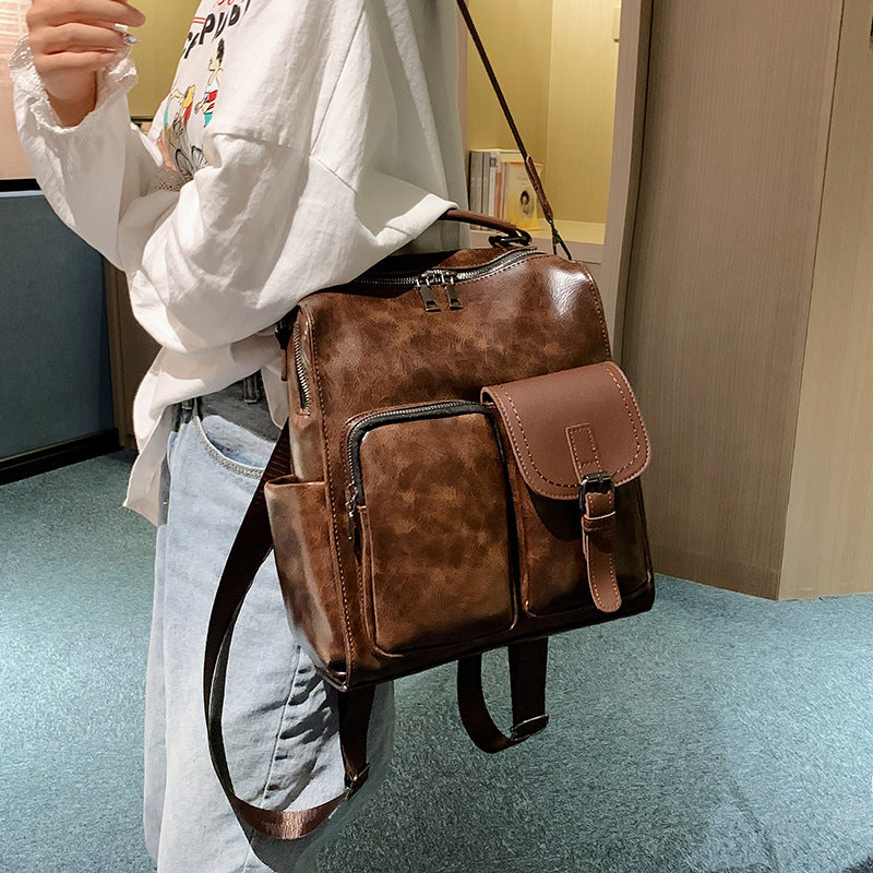 Vintage-Style Vegan Leather Backpack – Chic & Spacious Women’s Shoulder Bag