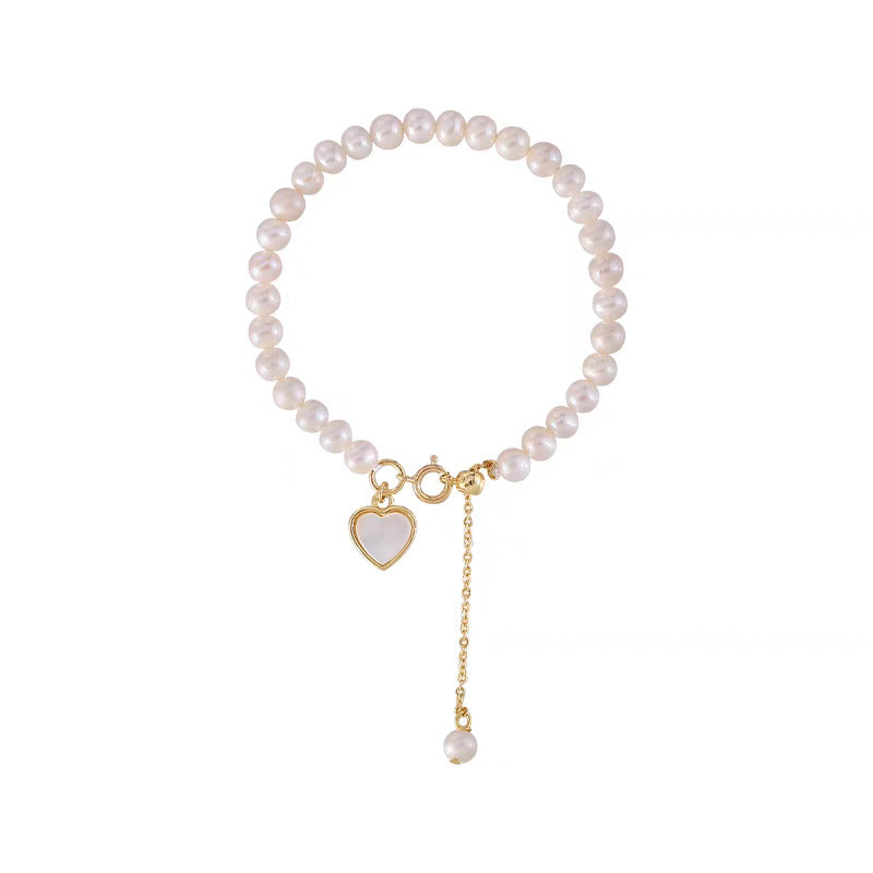 Minimalist Natural Pearl Bracelet for Women – Gold Heart Accent & Adjustable Fit