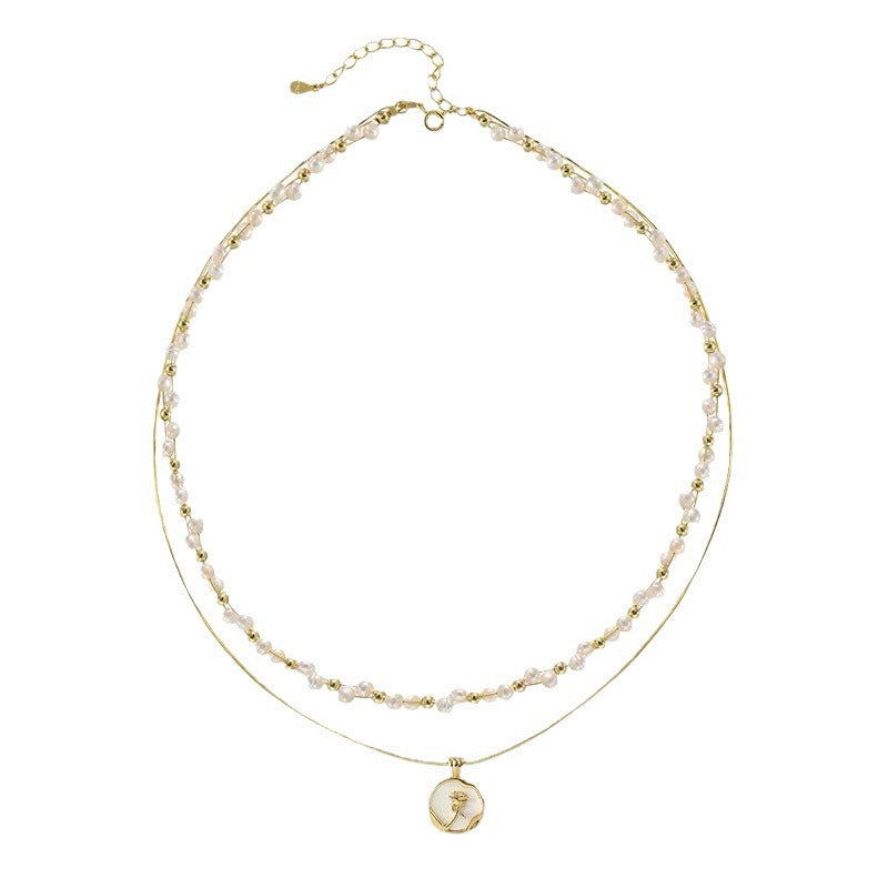 Handmade Layered Pearl & Gold Necklace – Freshwater Beads with Romantic Rose Charm