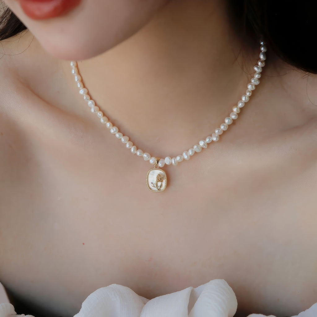 Baroque Freshwater Pearl Necklace with Rose Pendant