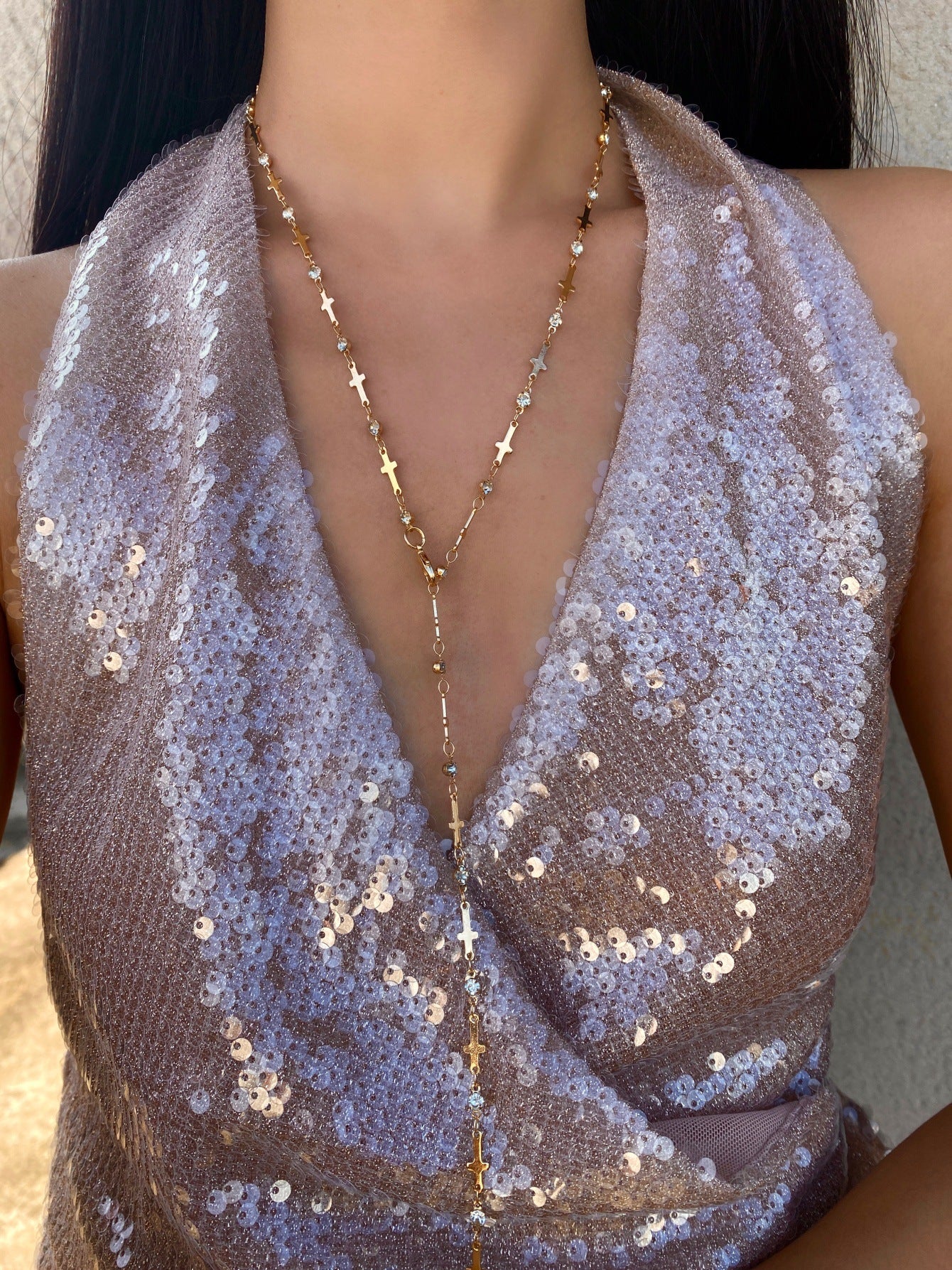 Long Y-Chain Necklace with Cross and Crystal Detail
