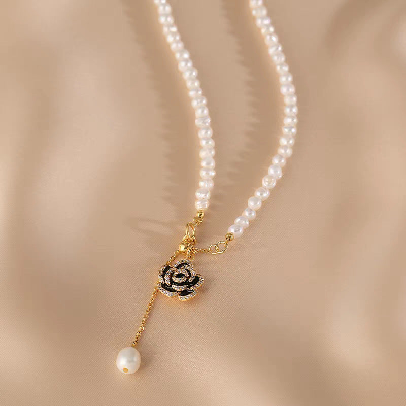 Adjustable Freshwater Pearl Necklace with Camellia Pendant – Elegant French Vintage Style