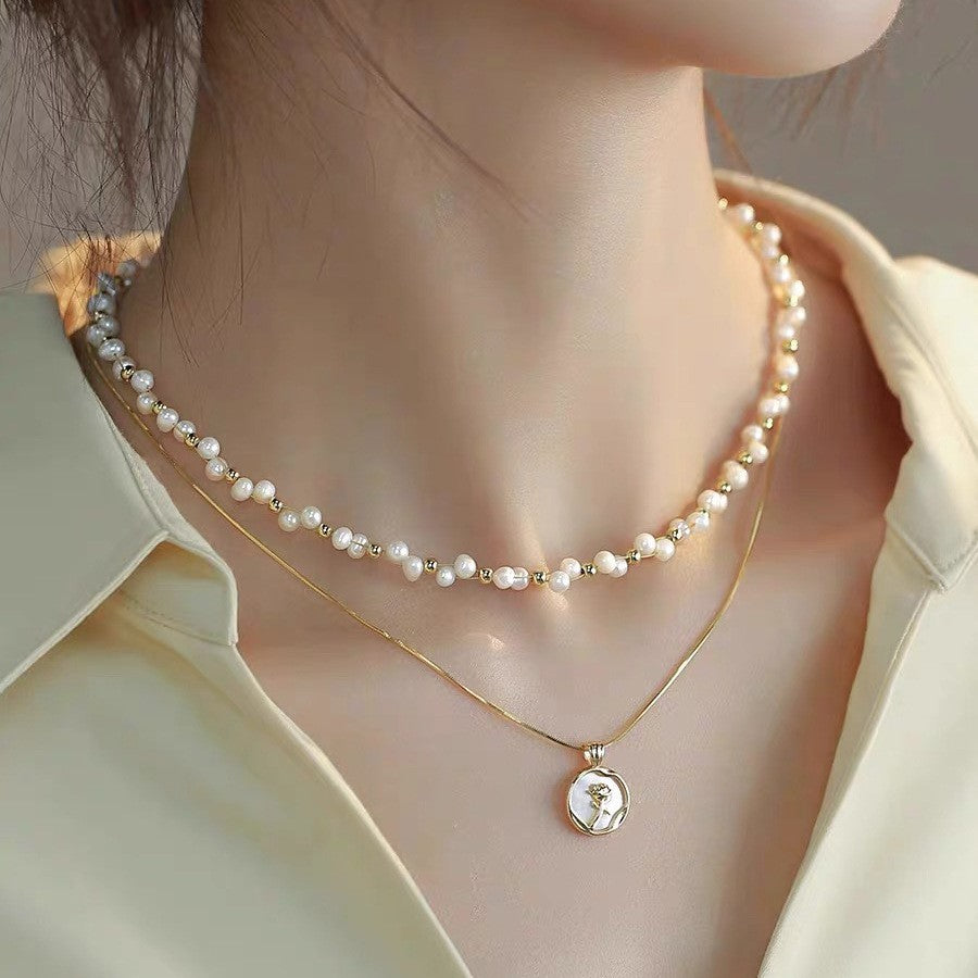 Handmade Layered Pearl & Gold Necklace – Freshwater Beads with Romantic Rose Charm