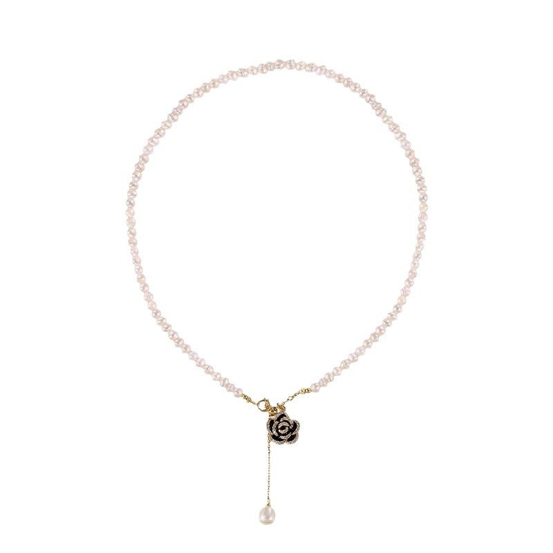 Adjustable Freshwater Pearl Necklace with Camellia Pendant – Elegant French Vintage Style