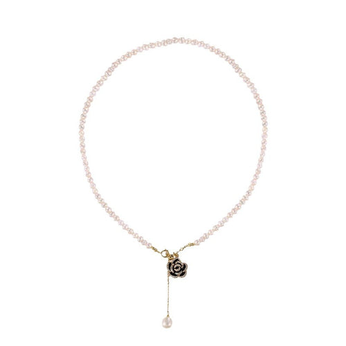 Adjustable Freshwater Pearl Necklace with Camellia Pendant – Elegant French Vintage Style