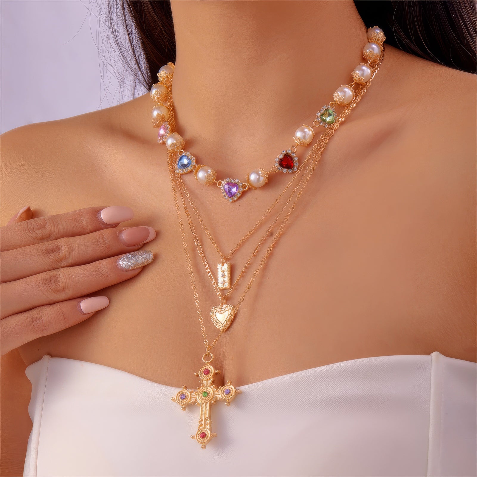 Layered Pearl Heart Gem Cross Pendant Necklace