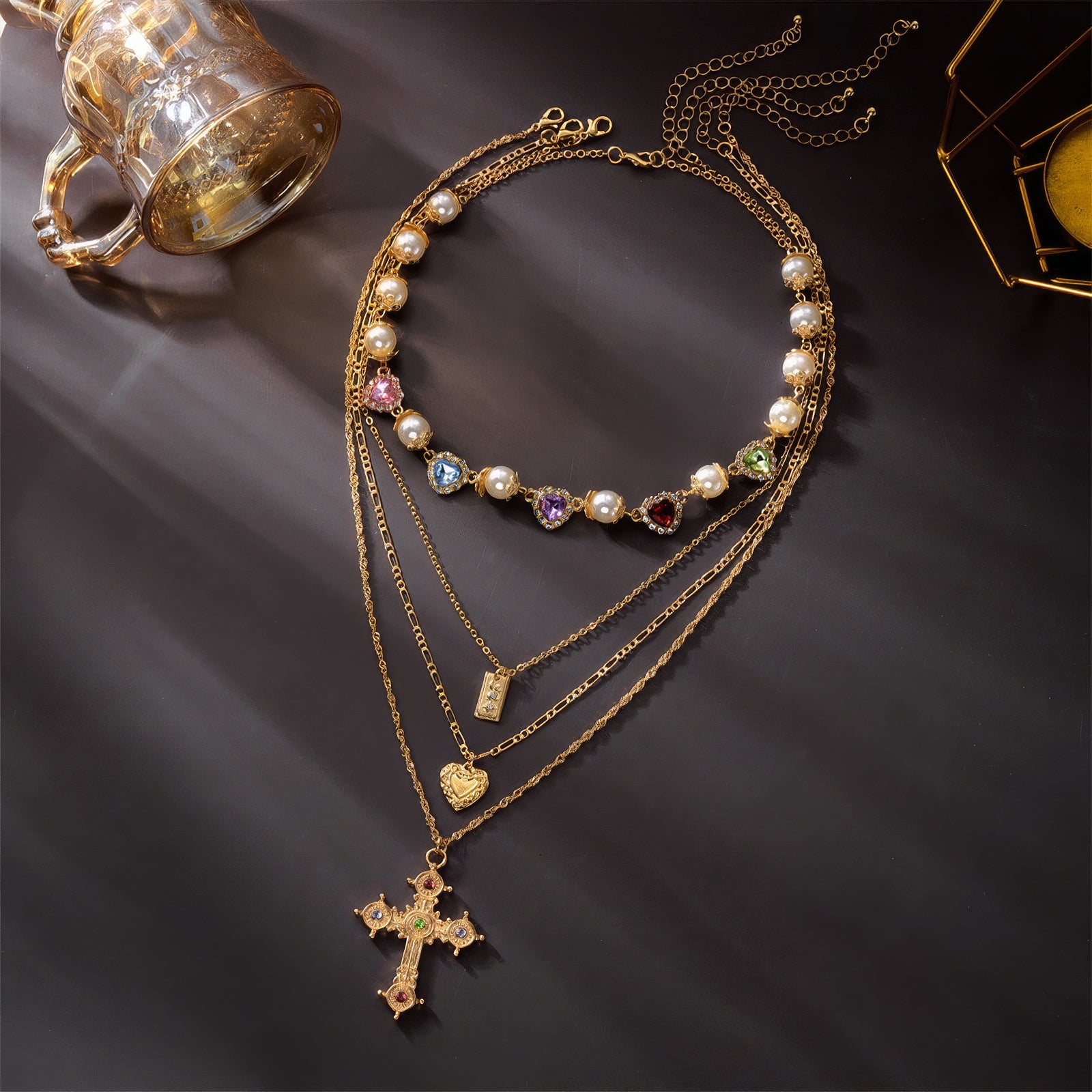 Layered Pearl Heart Gem Cross Pendant Necklace