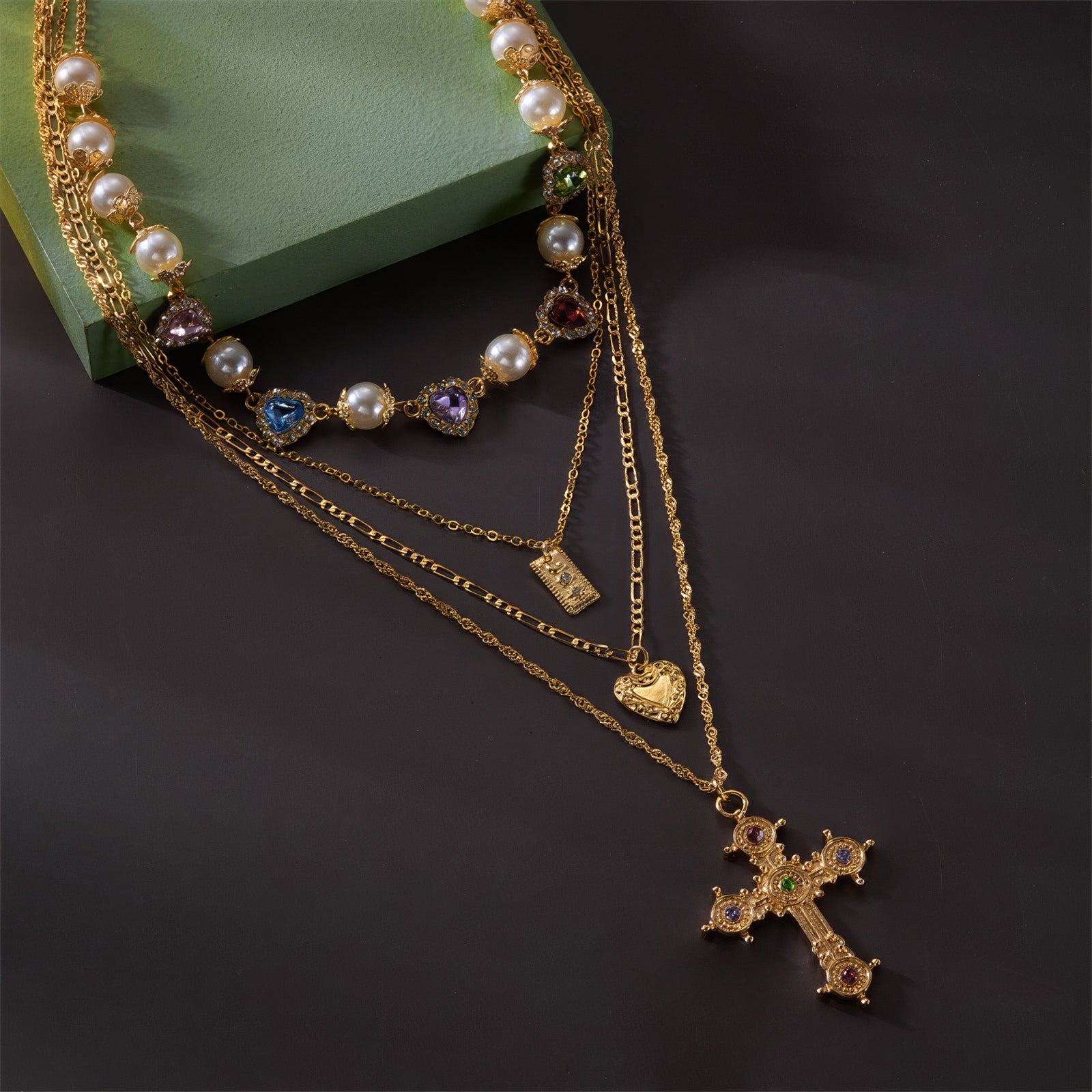 Layered Pearl Heart Gem Cross Pendant Necklace