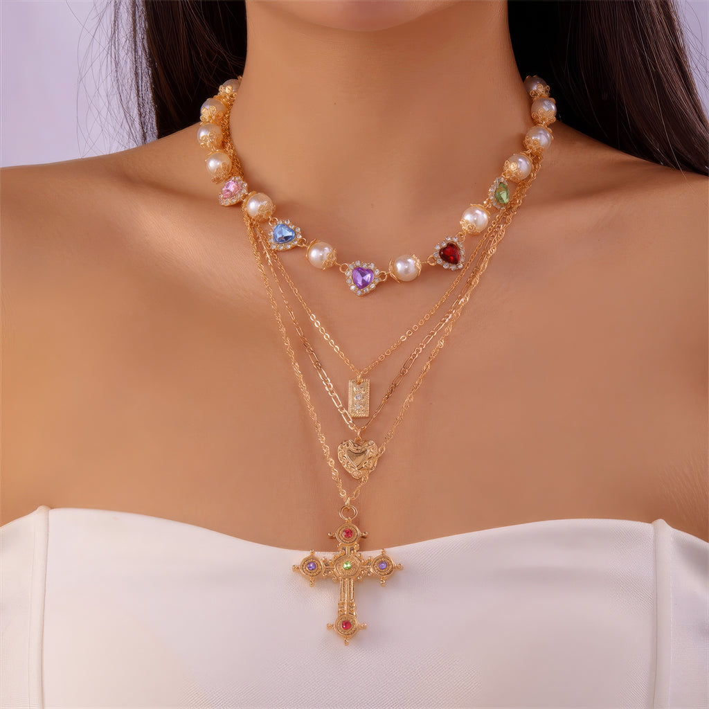 Layered Pearl Heart Gem Cross Pendant Necklace