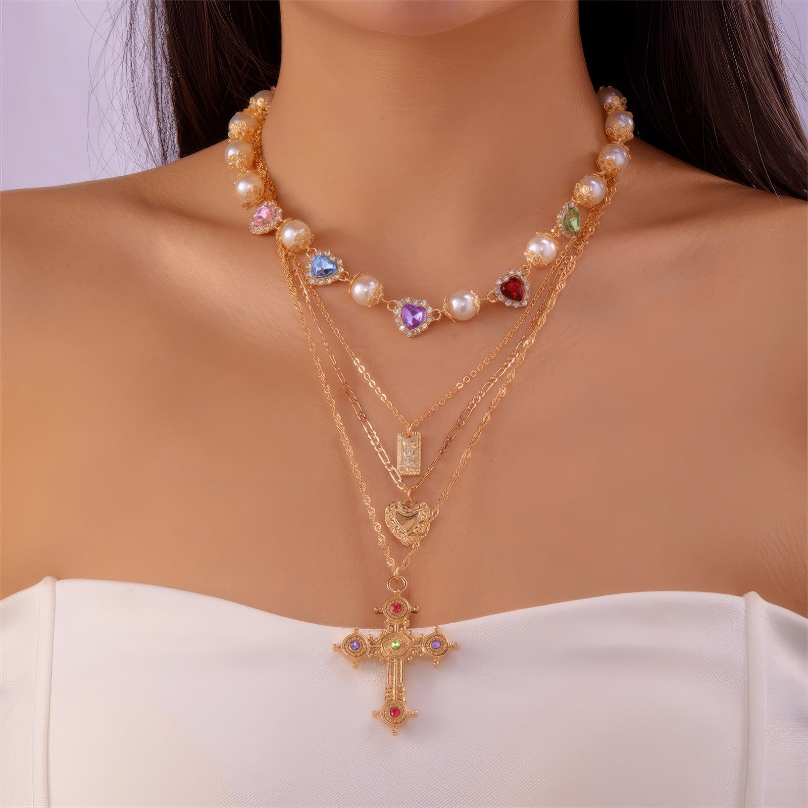 Layered Pearl Heart Gem Cross Pendant Necklace