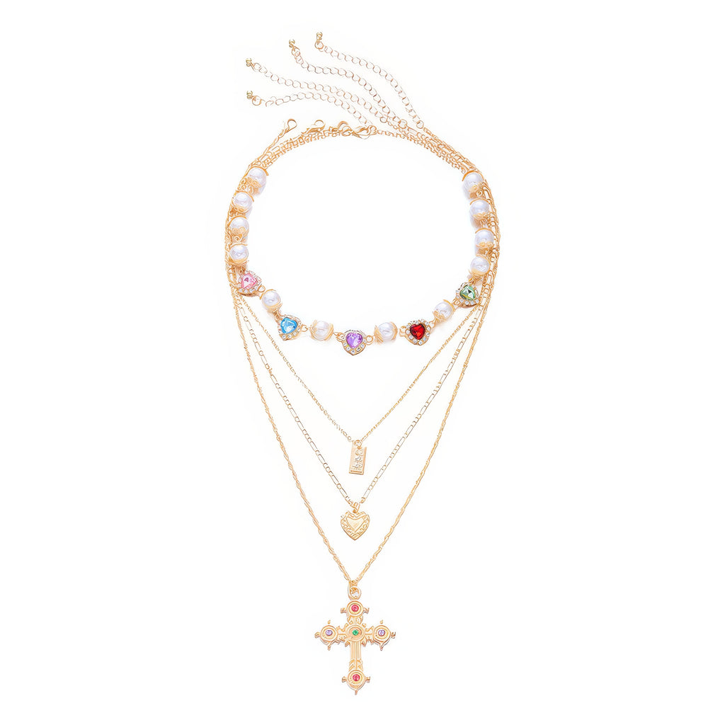 Layered Pearl Heart Gem Cross Pendant Necklace