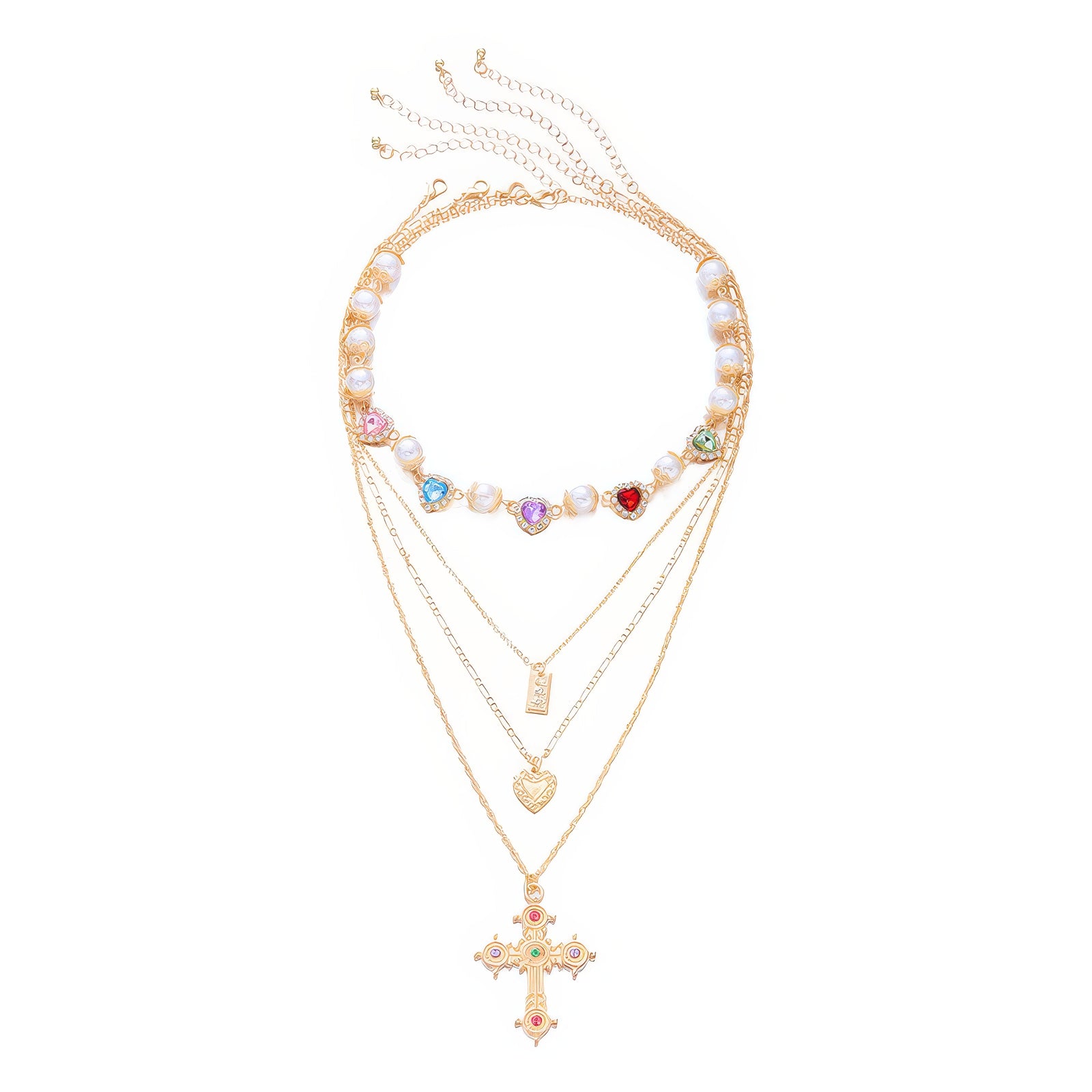 Layered Pearl Heart Gem Cross Pendant Necklace