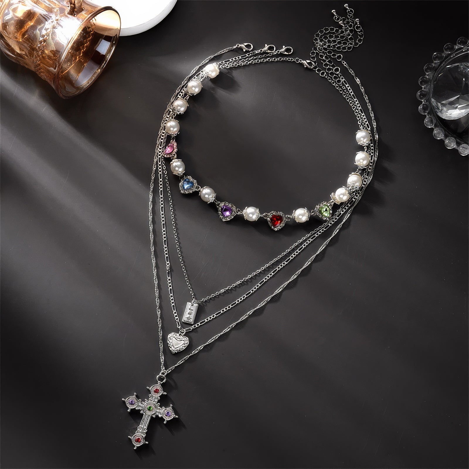 Layered Pearl Heart Gem Cross Pendant Necklace