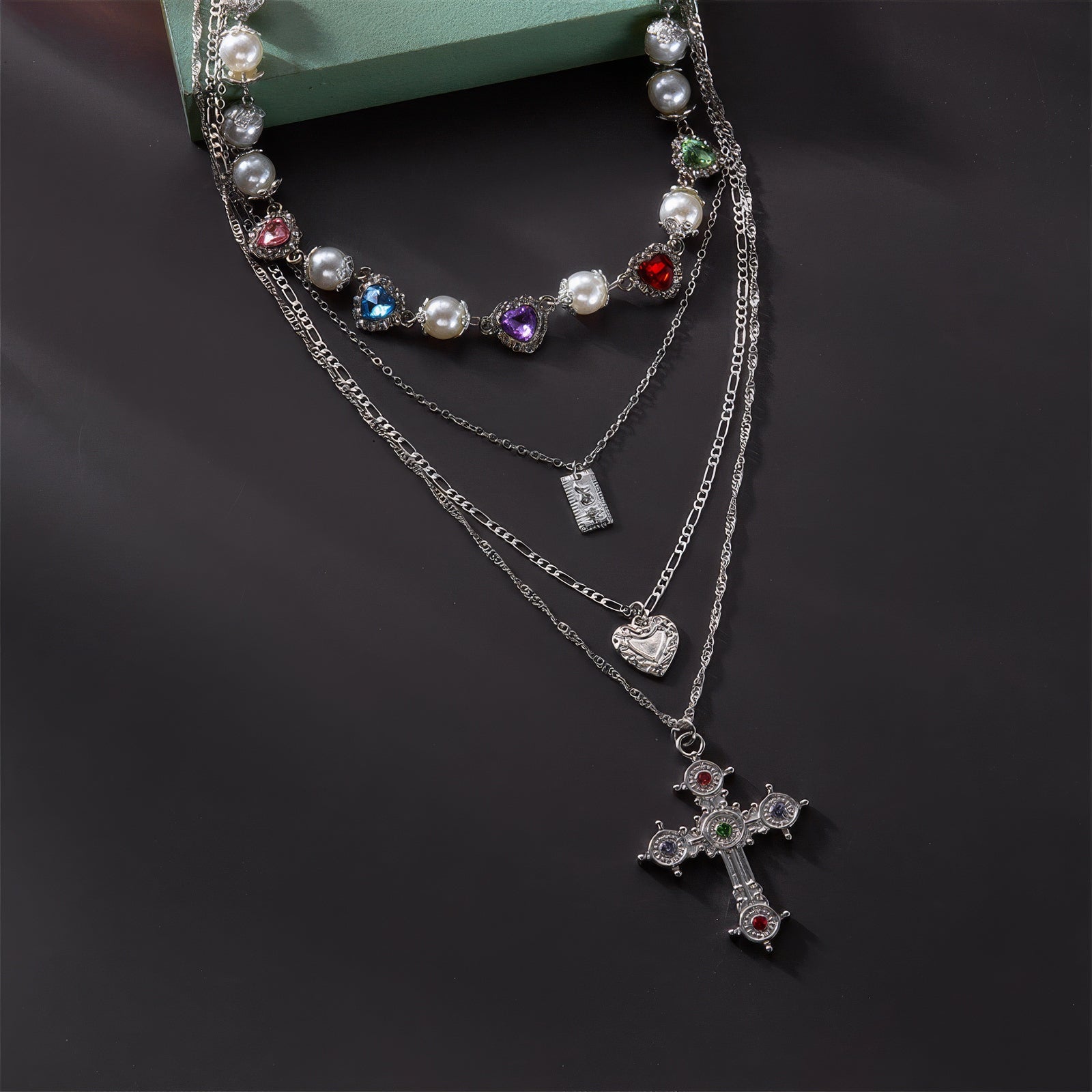 Layered Pearl Heart Gem Cross Pendant Necklace