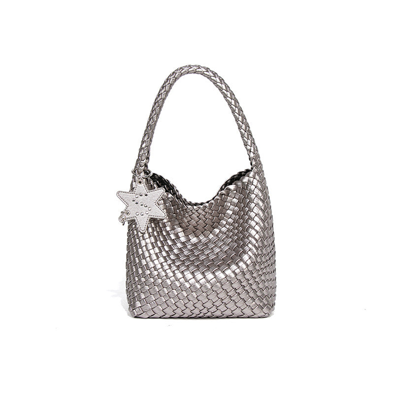 Woven Shoulder Handbag – Trendy Mini Tote with Star Charm