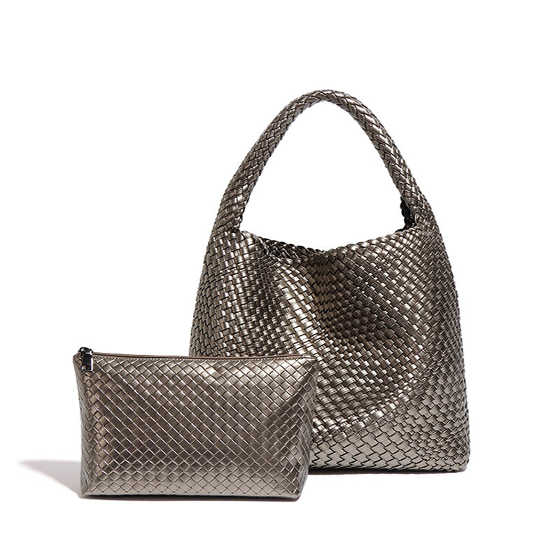 Large Woven Vegan Leather Shoulder Bag – Soft & Stylish 2-in-1 Tote Set for Women