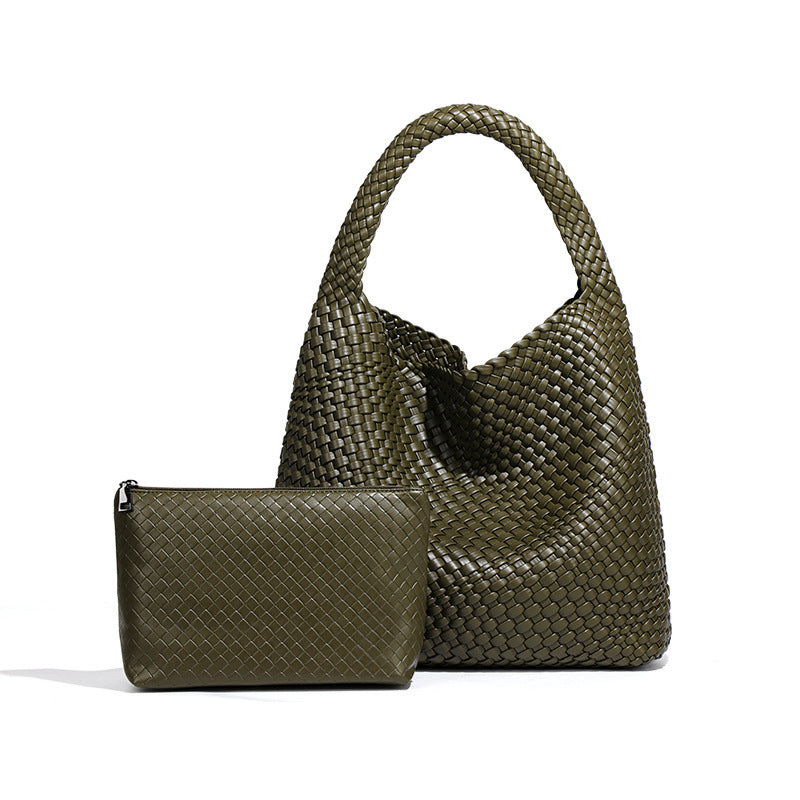 Large Woven Vegan Leather Shoulder Bag – Soft & Stylish 2-in-1 Tote Set for Women