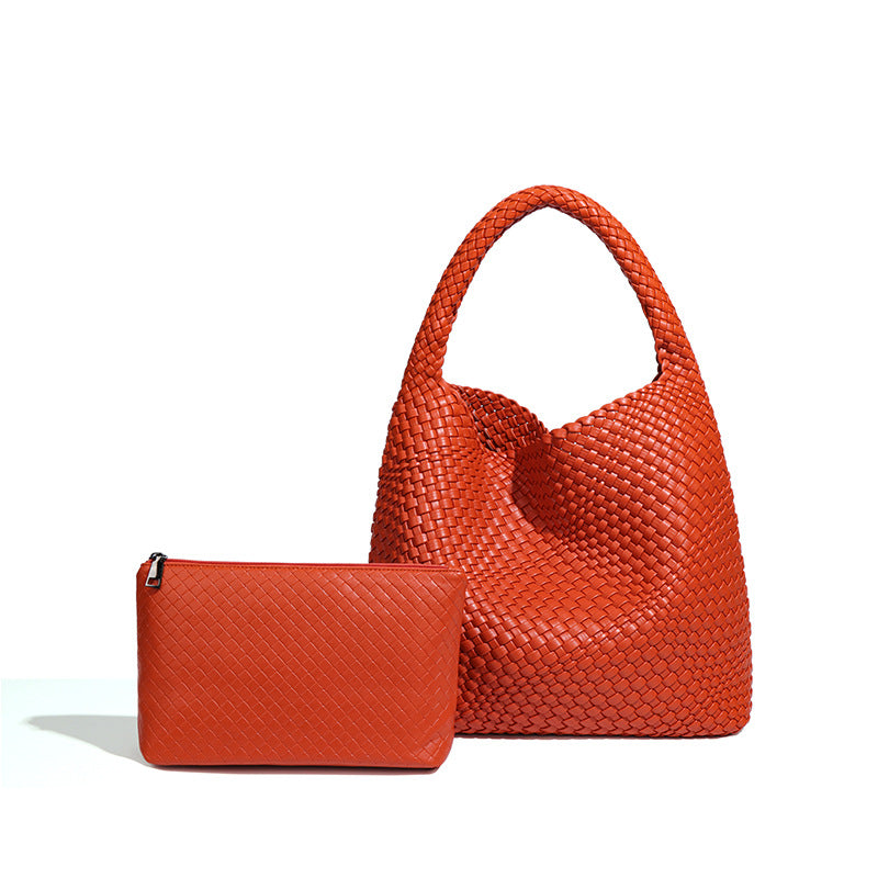 Large Woven Vegan Leather Shoulder Bag – Soft & Stylish 2-in-1 Tote Set for Women