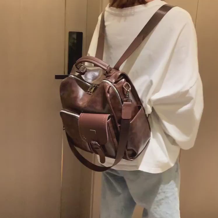 Vintage-Style Vegan Leather Backpack – Chic & Spacious Women’s Shoulder Bag