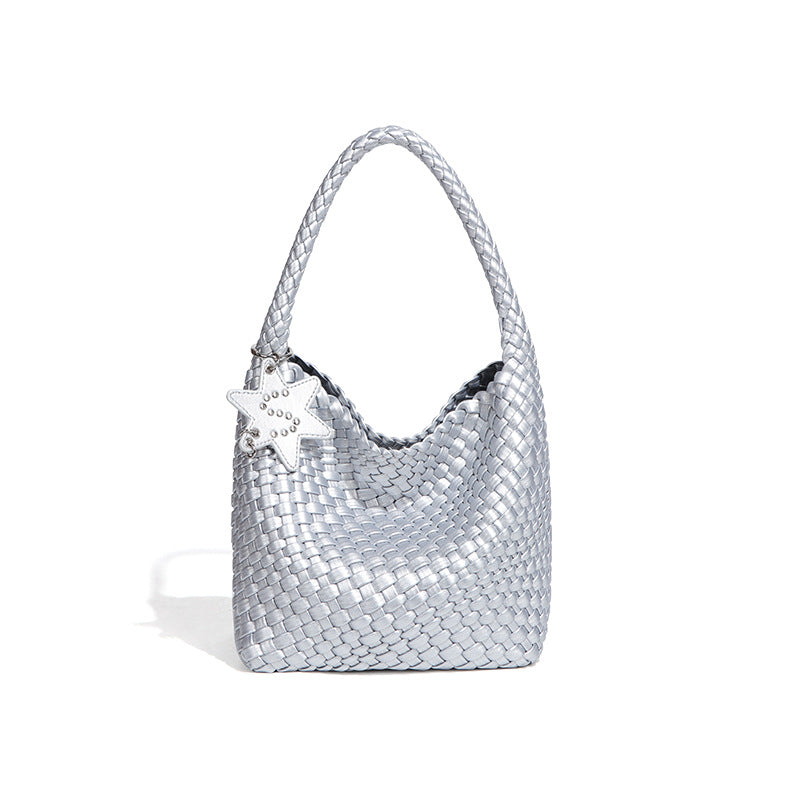 Woven Shoulder Handbag – Trendy Mini Tote with Star Charm